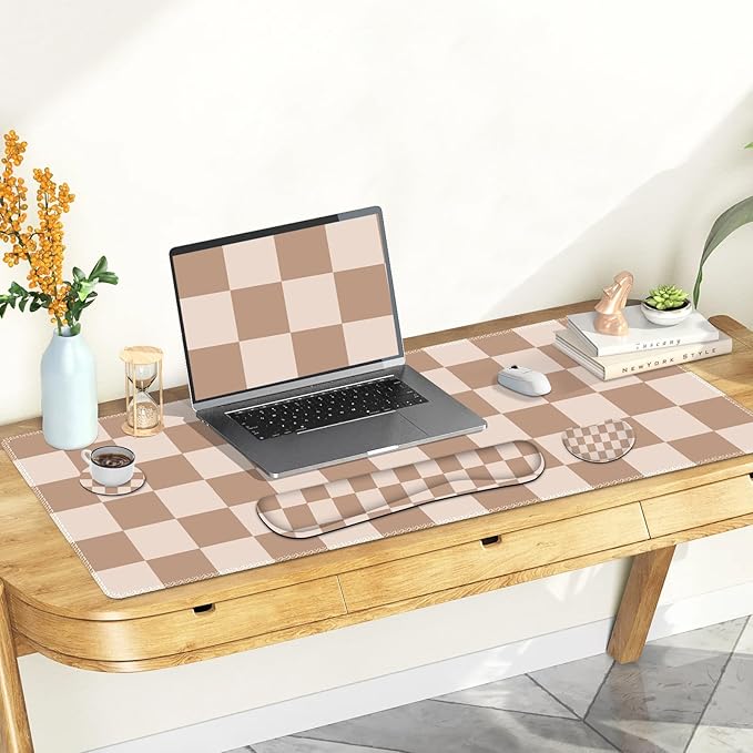 Beige Khaki Checkered Mouse Pad Set, 4 in1 Large Gaming Ergonomics Keyboard Desk Mat with Memory Foam Wrist Rest, Extended Game Mousepad, Non-Slip Desk Pad Matt Easy Typing Pain Relief