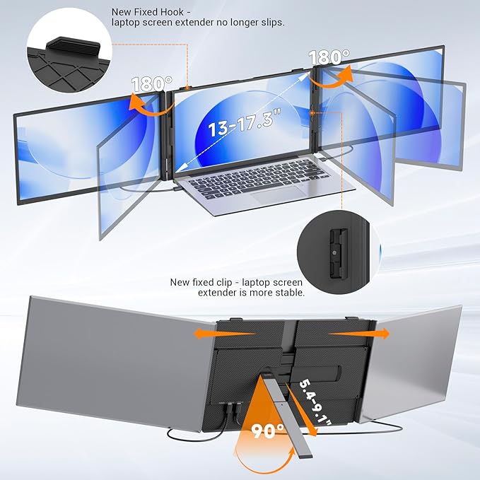 Laptop Screen Extender 0.17" Ultra-Thin, 14" 1080P FHD IPS Portable Monitor, Triple Screen Laptop Monitor Extender for 13"-17" Laptops, Plug & Play for Mac/Android/Chrome