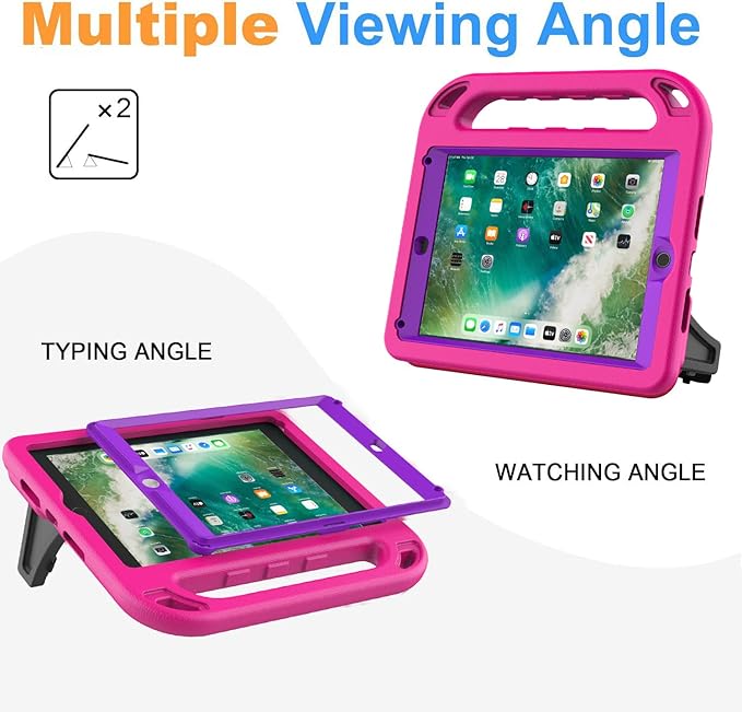 BMOUO Kids Case for iPad 9.7 2018/2017/iPad Air 2/1, iPad 6th/5th Generation, Built-in Screen Protector, Shockproof Handle Convertible Stand Case for iPad 6th/5th Gen 9.7', Purple Rose