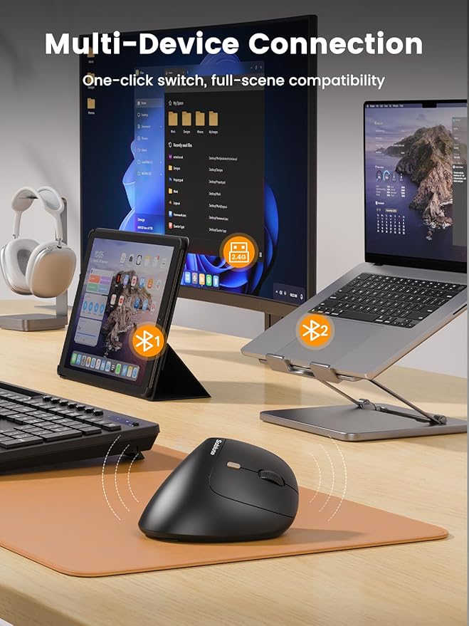 SABLUTE MAM3 Ergonomic Mouse, Bluetooth Mouse for Small/Medium Hands,Dual-Device Connectivity for Computer/Laptop, Rechargeable Wireless Vertical Mouse with 4 Adjustable DPI for Window,Mac OS,Black
