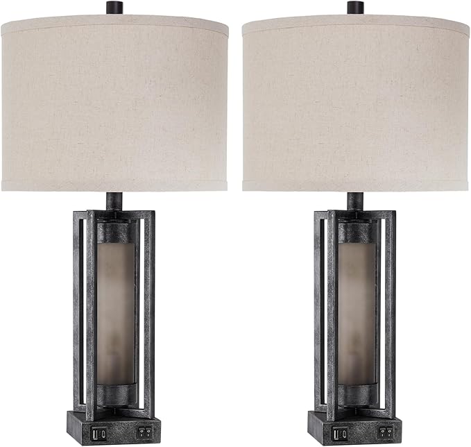Set of 2 Industrial Table Lamps for Living Room with USB C+A, Vintage End Table Lamp for Bedroom with Gray Nightlight, Farmhouse Rustic Desk Lamp for Bedside, 4 Bulbs Included (Iron Gray)