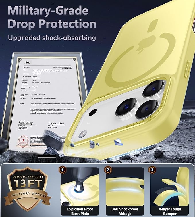 Newfuture Magnetic for iPhone 17 Pro Max Case [Compatible with Magsafe] [Military Grade Drop Protection] Translucent Matte Anti-Scratch Shockproof Protective Phone Cover 6.9 Inch, Yellow