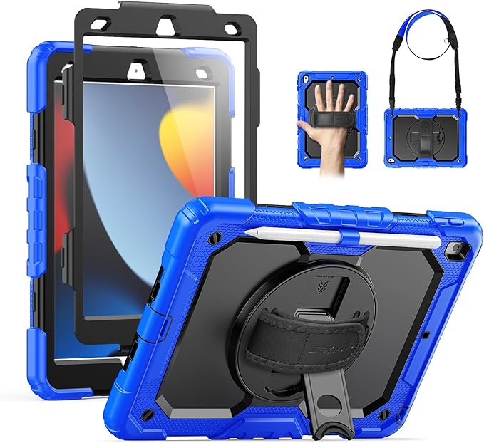 SEYMAC for iPad 9th/8th/7th Generation Case 10.2" 2021-2019, Full-Body Shockproof Protective Case with Screen Protector, Rotating Stand/Handle/Shoulder Strap for iPad 10.2, Blue/Black