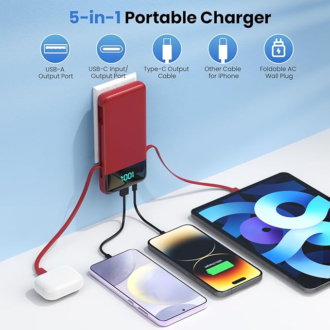 Portable Charger for iPhone,13800mAh Slim Power Bank with Built-in Cables & AC Wall Plug,All in One 4 Outputs USB C Fast Charging Battery Pack Travel Essential for iPhone 17/16/15/14,Android (Red)