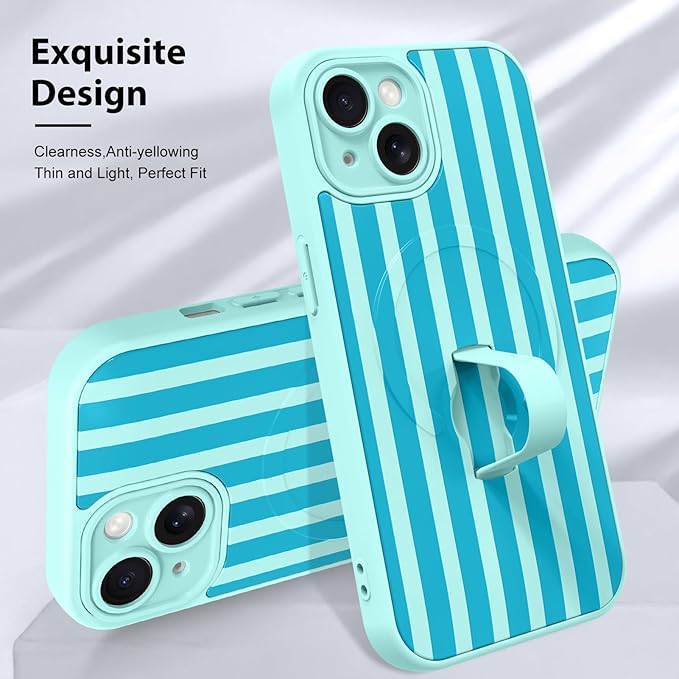 KANGHAR Compatible with iPhone 15 Case, Support for MagSafe, Silicone Stripes Cute Pattern, Wristband Kickstand Camera Protection Soft Slim Cover for Girls Women -Blue