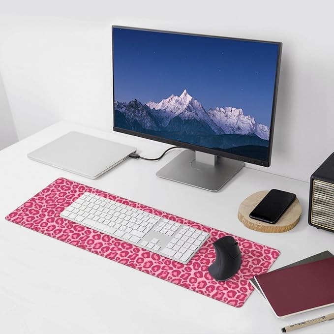 Pink Leopard Print XL Large Mouse Pad with Stitched Edges Long Non-Slip Rubber Base Mousepad Laptop Keyboard Mat Desk Pad for Office Home Desk Decor, 31.5" X 11.8"