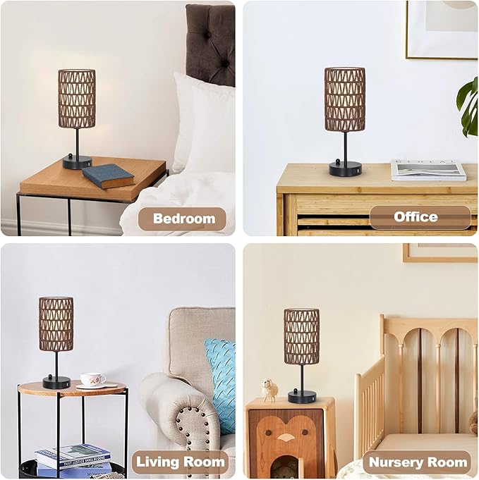 Bedside Lamps Set of 2, Touch Control Night Stand Lamp for Bedroom with Rattan & Linen Shade & Bulbs, 3 Way Dimmable Small Boho Table Lamps with USB Charging Port & Phone Stand (Coffee Color)