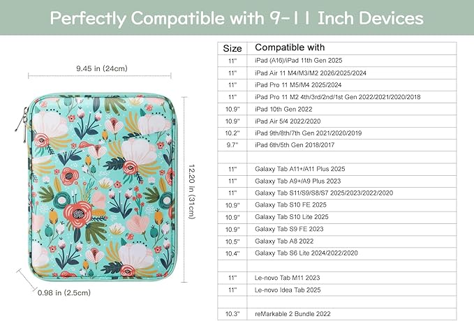 Dadanism 9-11" Tablet Sleeve Bag Carrying Case for iPad (A16) 11th Gen 11", iPad 10th Gen 10.9" Air 5/4, iPad Air M4/Pro 11", iPad 9/8/7th, Galaxy Tab A11+ Plus 11", Remarkable 2 10.3",Grass + Flower