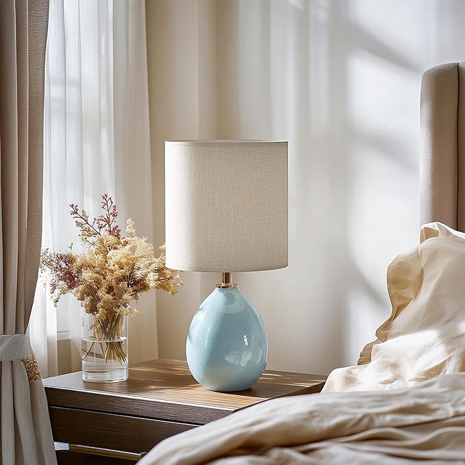 Dawnwake 18.5" Table Lamp Set of 2 for Living Room Bedroom, Bedside Lamps for Night Stands, Desk Nightstand Lamp Dimmable, Modern Linen Cream Ceramic Lamps (Blue)