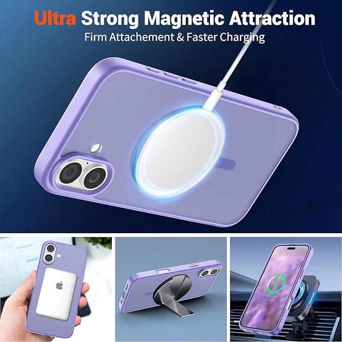 SUPFINE Magnetic for iPhone 16 Plus Case(Compatible with MagSafe) (Military Grade Drop Protection) Slim Translucent Matte Shockproof with Anti-Fingerprint Phone Case,Purple