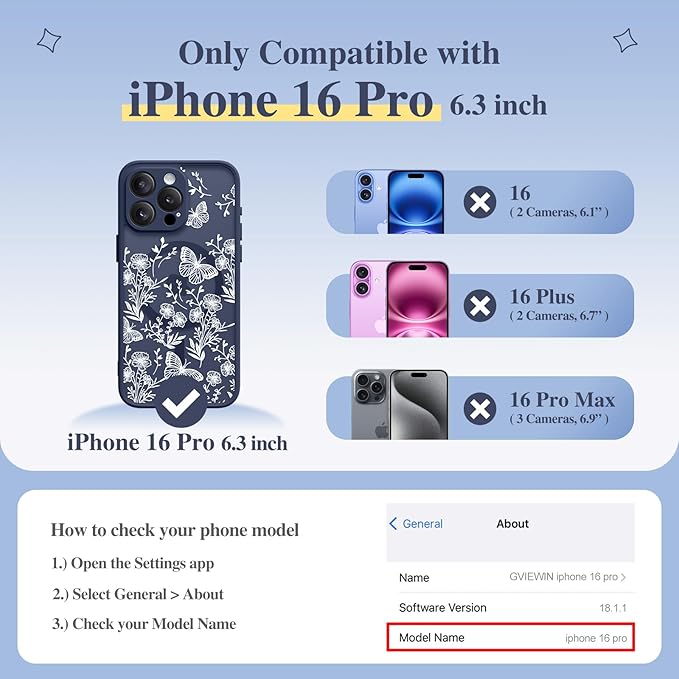 GVIEWIN for iPhone 16 Pro Case Compatible with MagSafe, [Military Grade Protection] [Screen Protector] Full Camera Protection Floral Translucent Women Magnetic Phone Case, Tuberose/Blue