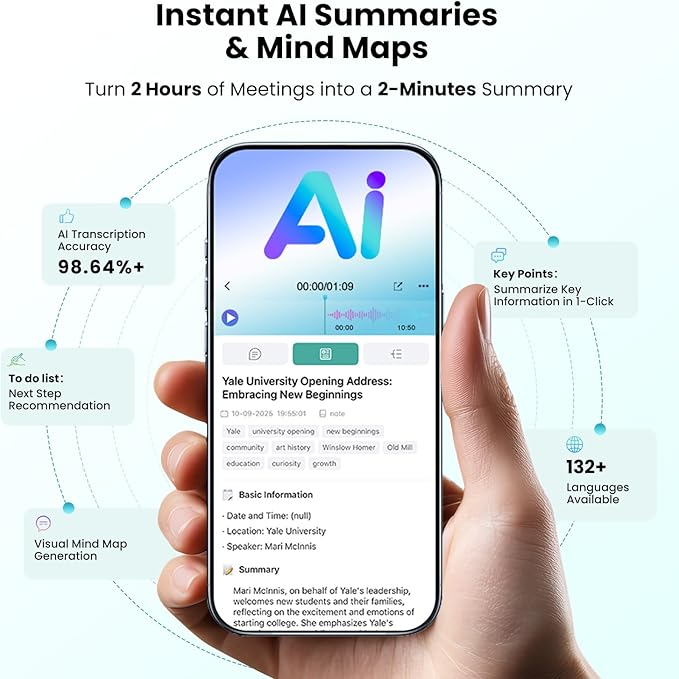 AI Voice Recorder, AI Transcription & Summary, APP Control AI Note Taking Device Supports 132+ Languages, 100H 64GB Memory, Magnetic Audio Recorder for Lectures, Learning, Meetings, Calls, Black