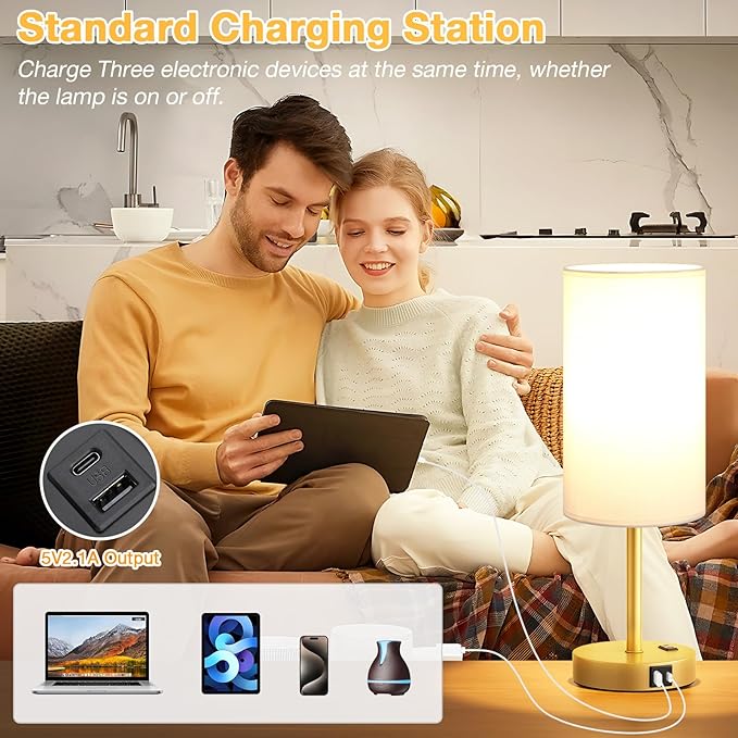 Dicoool Touch Bedside Table Lamp with USB - 3 Way Dimmable Gold Lamp for Bedroom Nightstand, Desk Lamp with Charging Station for Dorm, Office, Kids Room, Living Room