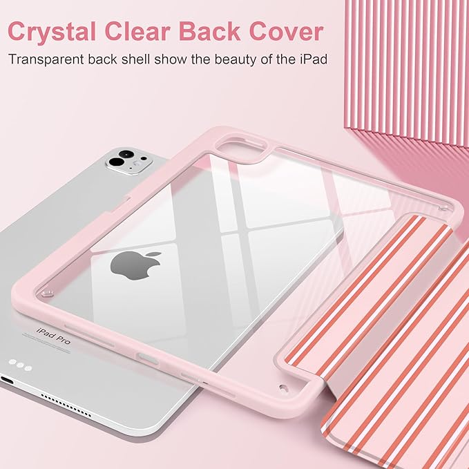 Case for iPad Pro 11 Inch (M5 2025 M4 2024) – [Built-in Pencil Holder], Shockproof & Stylish, Clear Hard Back + Soft TPU Edge, Magnetic Trifold Stand, Auto Wake/Sleep, Pink Stripes