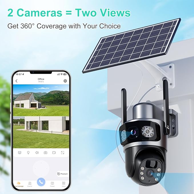 SANSCO 2K Dual Lens Solar Security Camera Wireless Outdoor, 2.4G & 5G WiFi, 360° PTZ Home Security Camera, 100% Wired Free, Spotlight Color Night Vision, 2-Way Audio, PIR Motion Detection, APP Alerts