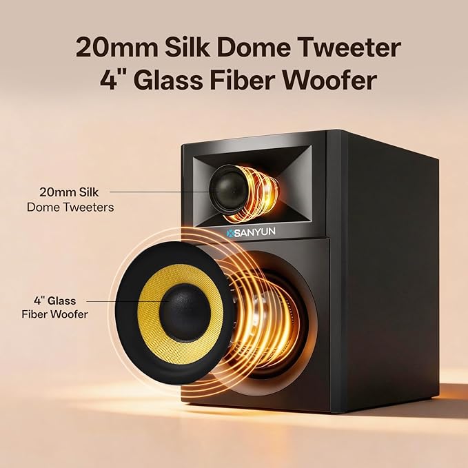 Sanyun SW205 4" 80W HiFi Bookshelf Speakers, 2.0 Active Near Field Studio Monitor, Upgraded 3D Sound Field, Flagship DAC & DSP, Geometric Diffusion Cabinet, Bluetooth 5.4/Optical/AUX, Black