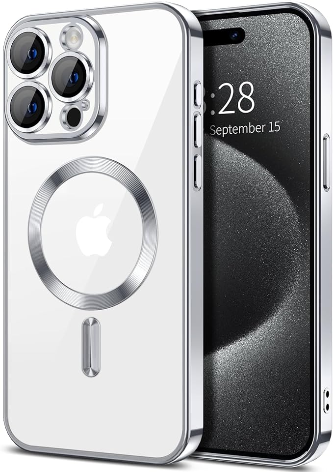 Hython Magnetic Clear for iPhone 15 Pro Max Case with Camera Lens Protector [Compatible with MagSafe] Plating Edge Slim Soft TPU Cover Protective Phone Case for iPhone 15 Pro Max 6.7", Silver