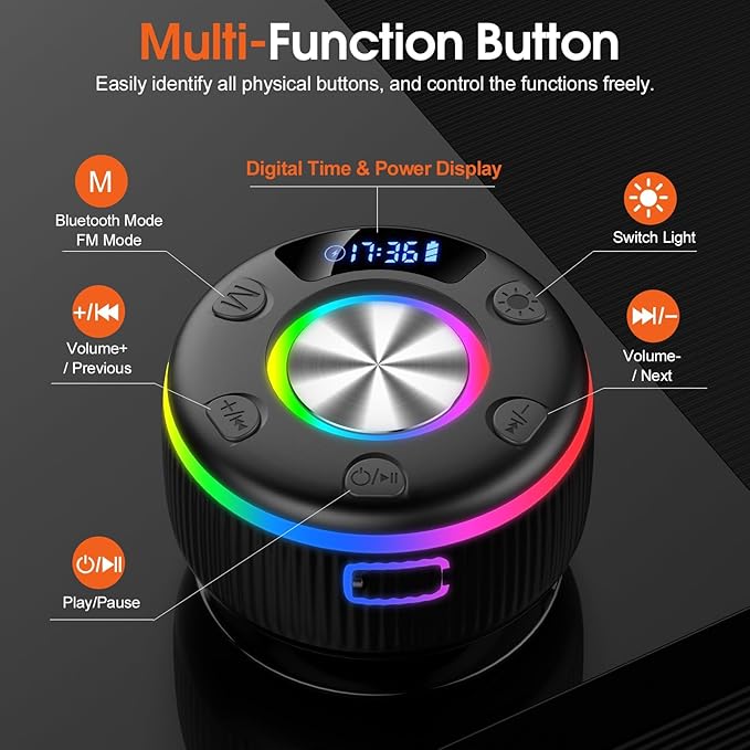 Bluetooth Shower Speaker, IP7 Waterproof Portable Bluetooth 5.3 Speakers with Suction Cup, Mini Wireless Speaker with RGB Lights Time Display, Loud Stereo Sound for Bathroom Beach Outdoor Party Gift
