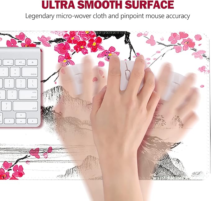 AIMSA Extended Gaming Mouse Pad, XL Large Keyboard Mouse Mat Desk Pad with Stitched Edges, Durable Non-Slip Base Landscape Mousepad for Home Office, Mountain Sakura Ink Painting