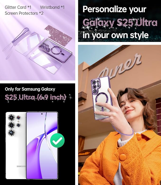 Meifigno Case Designed for Samsung Galaxy S25 Ultra 6.9 inch, [Compatible with MagSafe] [2X HD Screen Protectors] [Glitter Card & Wrist Strap] Full Lens Protection Case for Galaxy S25 Ultra, Purple