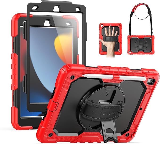 SEYMAC for iPad 9th/8th/7th Generation Case 10.2" 2021-2019, Full-Body Shockproof Heavy Duty Protective Case with Screen Protector, 360° Rotating Stand/Handle/Shoulder Strap for iPad 10.2 Inch, Red