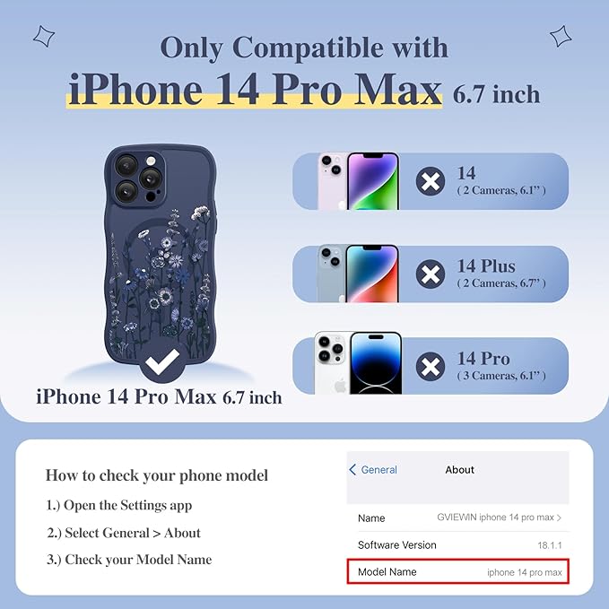 GVIEWIN for iPhone 14 Pro Max Case Compatible with MagSafe [Curly Wave Edge][Full Camera Protection] Floral Translucent Shockproof Magnetic Women Phone Case for 14 Pro Max, Floratopia/Blue