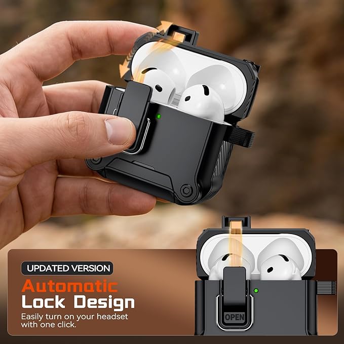 Inesore Compatible with AirPods 4 Generation Case,Secure Lock & Phone Stand Design,Compatible with MagSafe,Automatic Snap Switch Secure Cover for New AirPods 4th (2024)-Black