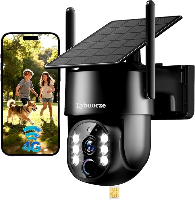 4G LTE Cellular Solar Security Camera Outdoor, No WiFi Needed, 4MP HD Color Night Vision, 360° Pan-Tilt, Built-in SIM Card, AI Motion Detection, 2-Way Talk for Jobsite/Farm