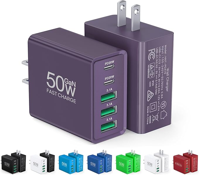 [2-Pack] USB C Wall Charger, 50W Charger Block 5-Port PD Fast Charging Blocks,Multiport 2USB C+3USB A Plug,Type C Power Adapter Brick Cube for iPhone 17/16/15/14/13/Pro,Samsung,for Switch（Purple）