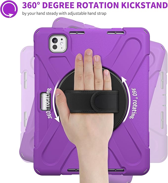 Batianda Case for New iPad Pro 11-inch 2025 M5 2024 M4 Chip Heavy Duty Rugged Durability Silicone Tablet Cover with 360° Rotating Hand Strap Foldable Hidden Stand & Shoulder Strap, Purple