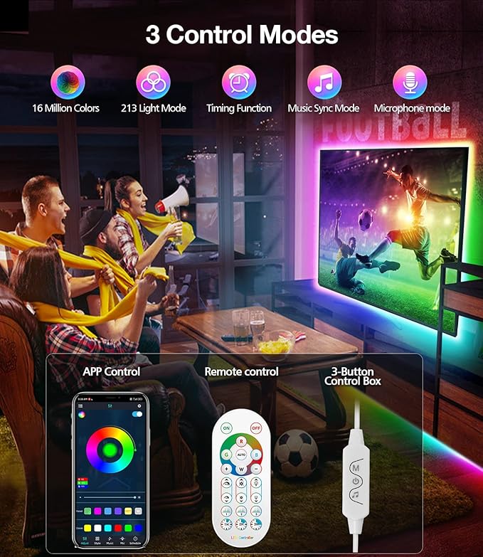 Daymeet TV Led Backlight,13.1ft LED Lights for TV, Led TV Lights for 40-65 inch TV/Monitor, ICRGB USB Led Strip Lights for TV, LED Strip Lights Sync with Music, Bluetooth APP Control with Remote