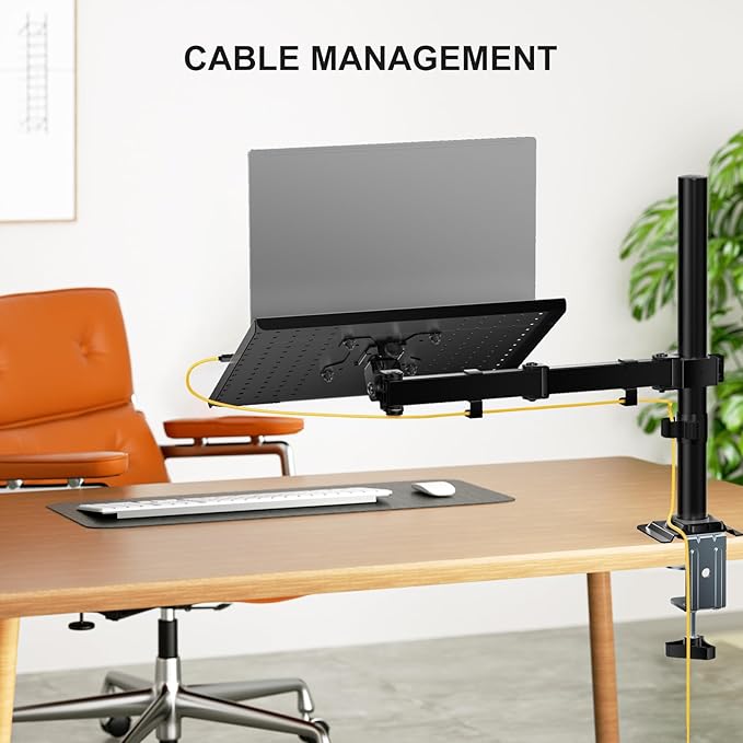 WALI Laptop Desk Mount for 17 inch Notebook, Adjustable Single Monitor Arm with Laptop Holder for 32 inch Screen, Laptops Stand with Ventilated Tray, Up to 22 lbs, (M00LP), Black