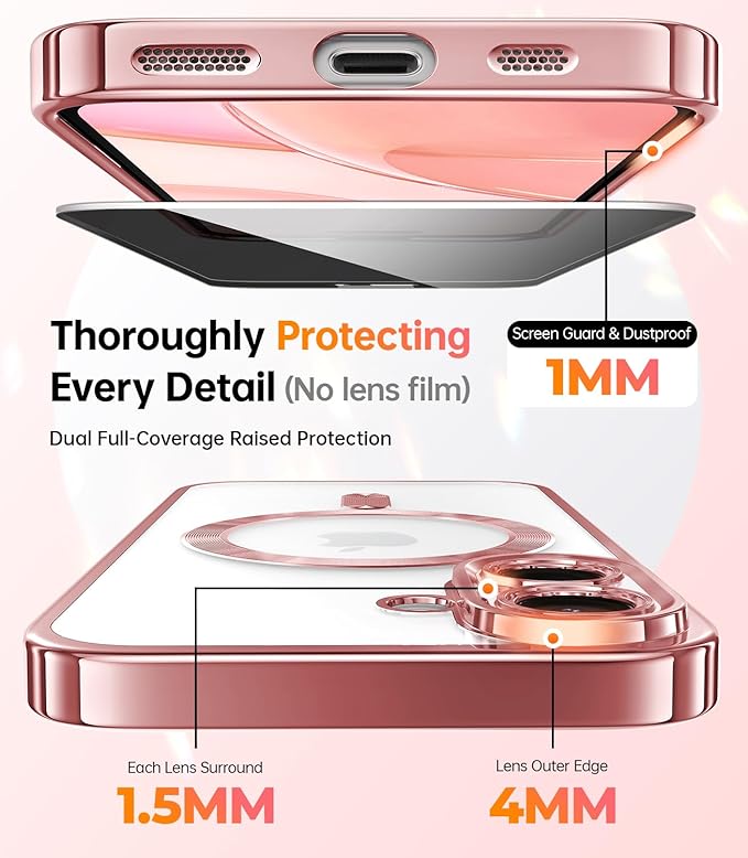 Meifigno Case for iPhone 16 Plus 6.7’’, [Compatible with MagSafe] [1X HD+1X Privacy Screen Protectors] [Glitter Card & Wrist Strap] Surround Lens Protection for iPhone 16 Plus Case, Rose Gold