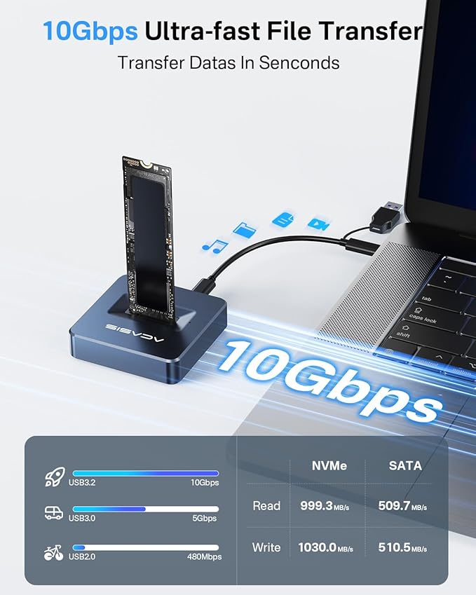 ACASIS NVME SSD Reader Adapter, Aluminium Alloy Housing Fast Heat Dissipation, NVME to USB Docking Station, M.2 SSD to USB Adapter 10Gbps, Support M.2 (M Key) NVMe SSD and (B+M Key) SATA-Based SSD