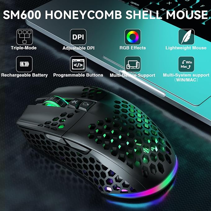 SOLAKAKA SM600 Honeycomb Shell Gaming Mouse Wireless,Tri-Modes BT/2.4G Wireless/Type-C Wired Gamer Mouse with 2 Side Buttons, Macro Programmable and RGB Light for PC/Mac/Laptop,Black