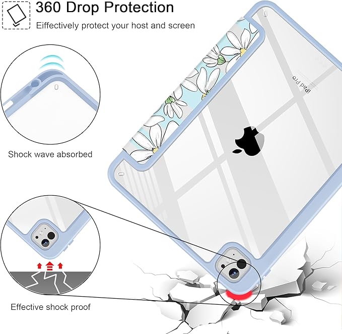 May Chen for iPad Pro 13 Inch Case M5 2025 / M4 2024, Built Pencil Holder & Clear Transparent Print Back Shell Slim Stand Shockproof Tablet Cover, Auto Wake/Sleep, Heart Rabbits