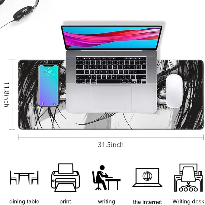 Anime Eyes Mouse Pad Gaming, Large Mouse Pads for Desk, Extended Anime Mousepad with Non-Slip Rubber Base Stitched Edge, Long Mousepad Keyboard Mat for Desk Gaming Home Office, 31.5" x 11.8"