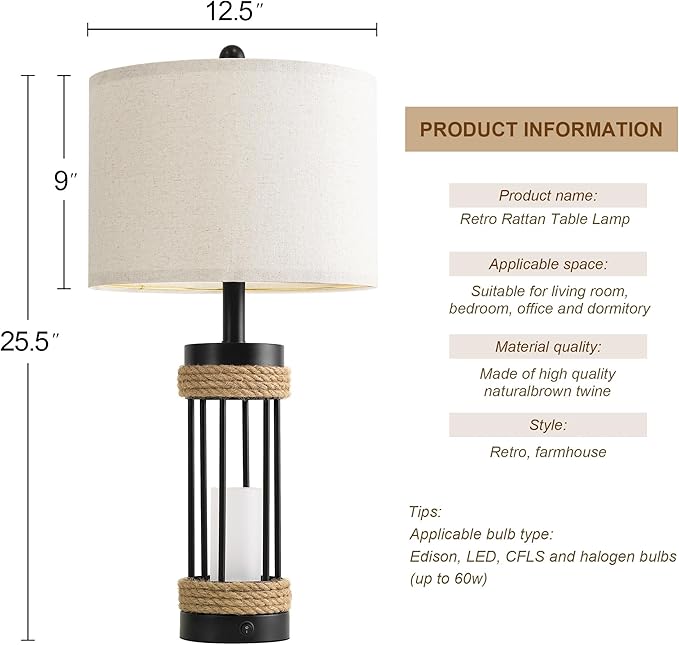 OYEARS 25" Table Lamps Set of 2 with Night Light, Rustic Bedside Lamps with USB C+A Charging Ports, Black Metal Lamp with Rope Accent and Frosted Glass, Farmhouse Lamps for Living Room Bedroom