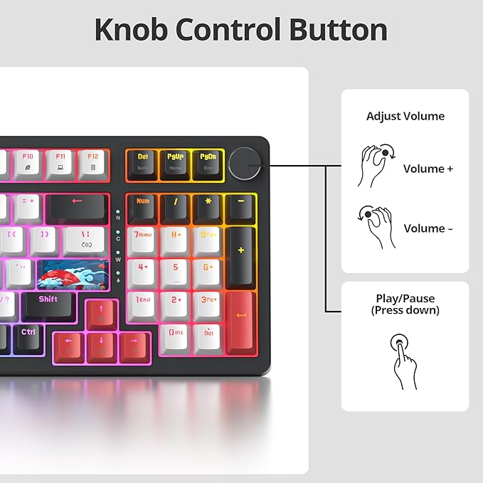 Wired Creamy Gaming Keyboard with Number Pad, 96% Hot-swappable Mechanical Keyboard, Full Layout Custom Keyboard Gasket Mounted with Red Switch Knob Control(White)