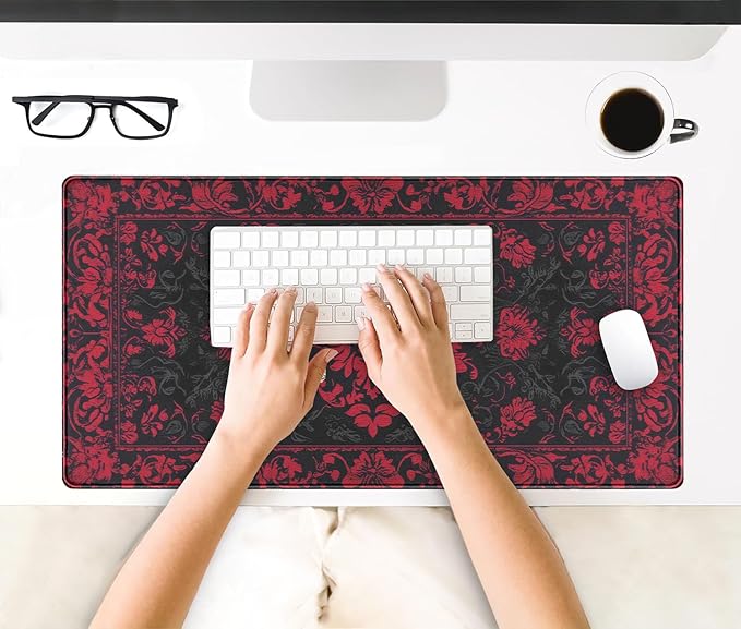 Victorian Gothic Floral Desk Mat Black Red Baroque Desk Pad Dark Academia XXL Large Mouse Pad Vintage Aesthetic Office Decor Mat for Desktop