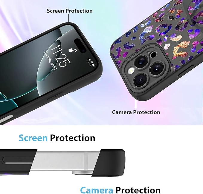 KANGHAR Compatible with iPhone 16 Pro Max Case, Support for MagSafe, Silicone Cute Iridescent Leopard Cheetah Pattern, Wristband Kickstand Shockproof Protective Slim Cover for Women Girls, Black