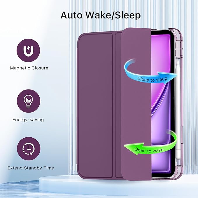 MoKo for iPad Air 11 inch Case (M4/M3/M2) 2026/2025/2024, iPad Air 5th/4th Gen 10.9 inch Case 2022/2020 with Pencil Holder, Slim Light Trifold Cover with Hard PC Translucent Back Shell, Dark Purple