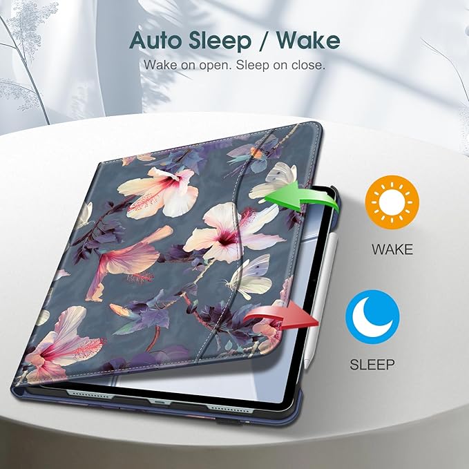 Fintie Folio Case for iPad Air 13-inch M4/M3/M2 (2026/2025/2024), Multi-Angle Viewing Protective Stand Cover with Pencil Holder & Pocket, Auto Sleep/Wake, Blooming Hibiscus
