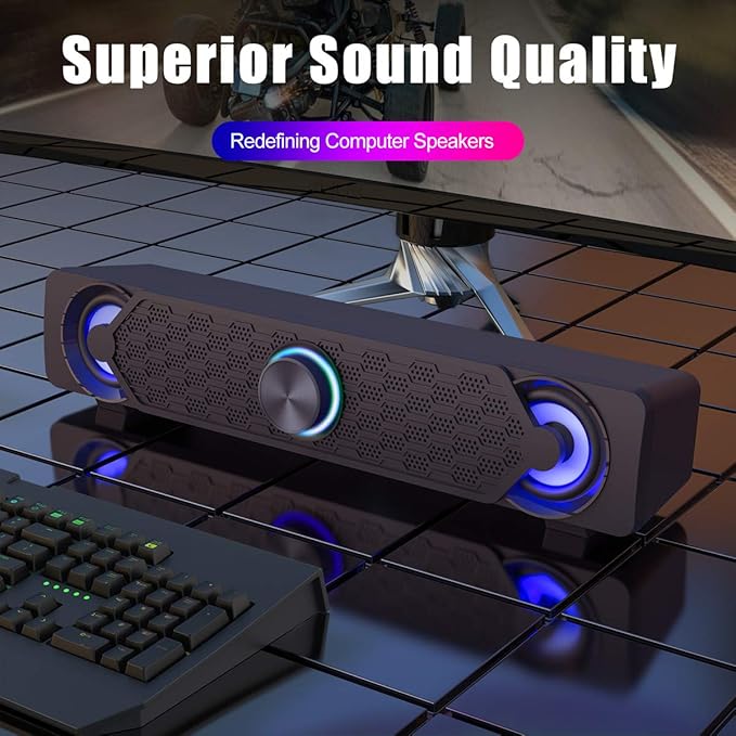 Smalody Small Computer Speakers for Desktop Gaming Monitor, PC Speakers for Desktop Monitor, Computer Speaker Wired USB Powered, Mini Soundbar with Cool Led Light Effect