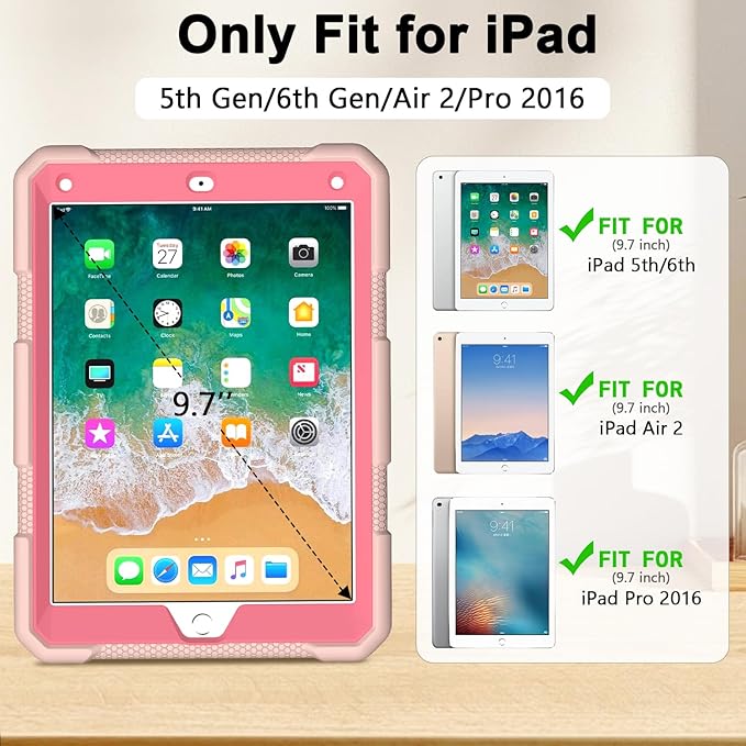 MENZO Shockproof Case for iPad 5th Gen/6th Gen/Air 2/Pro 9.7-inch with 360° Swivel Stand, Pencil Holder, Detachable Hand and Shoulder Strap, Pink+Lightpink