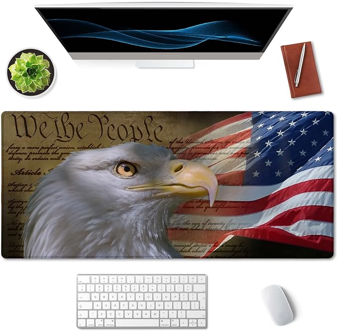 SSOIU Bald Eagle on American Flag Mouse Pad 35.5 X 15.7 Inch XXL Full Desk Mousepad Extended Large Non-Slip Rubber Base Waterproof Big Keyboard Mat with Stitched Edges for Gaming and Office