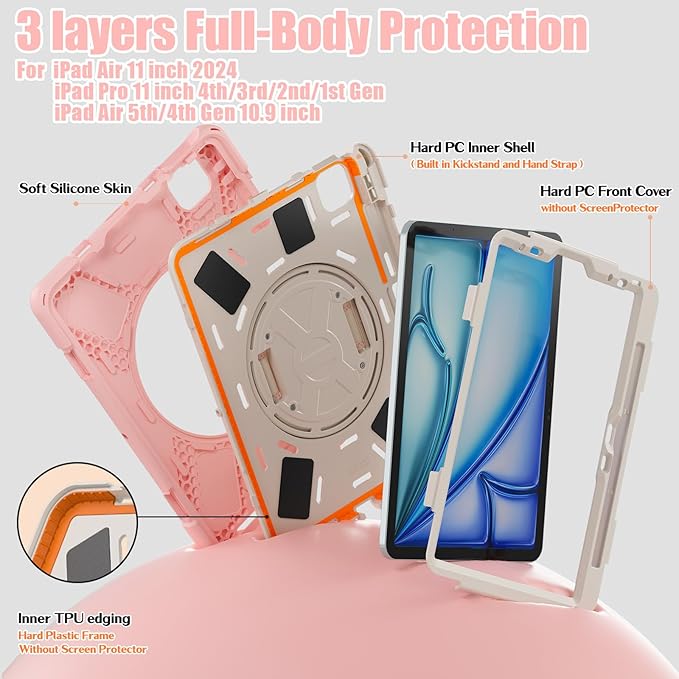 BRAECNstock Kids Case for iPad Air 11 inch (M4/M3/M2)/ Air 5th/4th Gen/Pro 11 inch 4th/3rd/2nd/1st Gen, Shockproof Protective with Pen Holder, Rotating Hand Strap+Stand, Shoulder Strap, Sakura Pink
