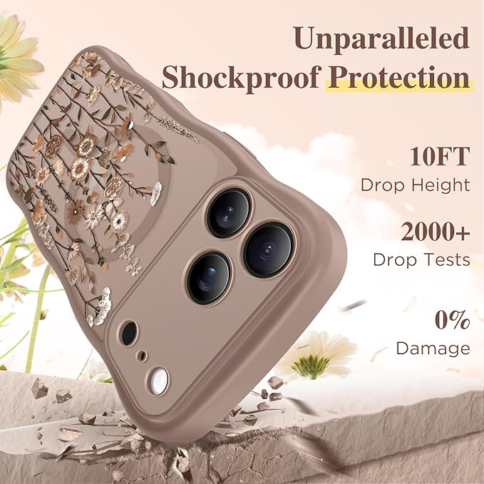 GVIEWIN for iPhone 17 Pro Max Case Compatible with MagSafe [Curly Wave Edge][Full Camera Protection] Floral Translucent Shockproof Magnetic Women Phone Case for 17 Pro Max, Floratopia/Brown