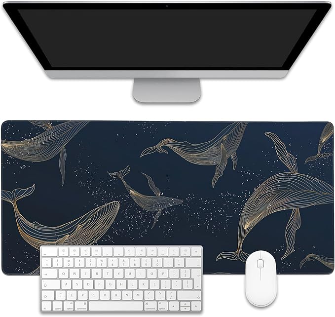 Whales in Gold Line Desk Mat,Large Gaming Mouse Pad,Non-Slip Rubber Base Desk Pad with Stitched Edges for Desk Office Home Decor 35.4X15.7 Inch