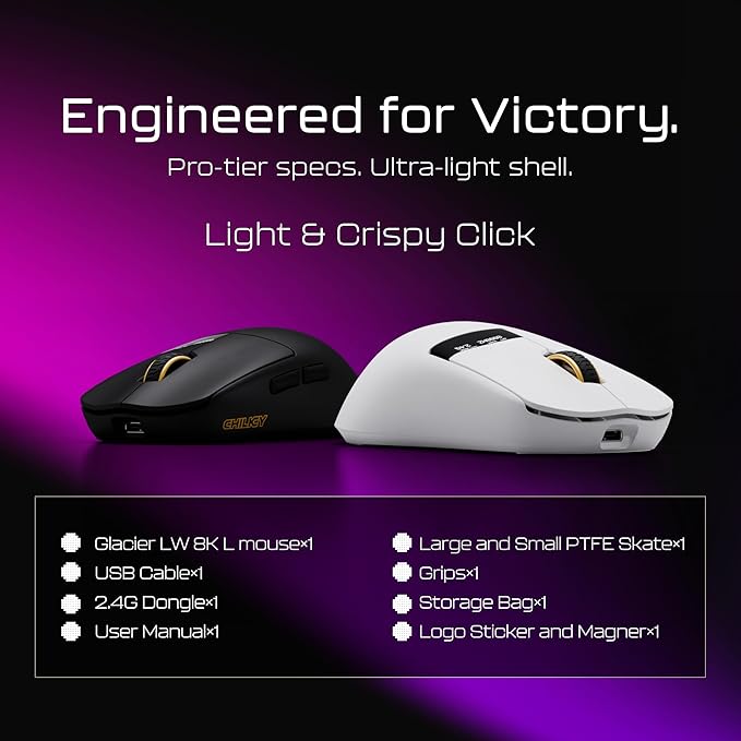 OOCTPK Chilkey Wireless Mouse, Glacier LW 8K L Gaming Mouse with LCD Screen, 8K Polling Rate, 30000 DPI Optical Tracking, 750 IPS, Bluetooth/2.4GHz/USB-C, 47g Ultra-Lightweight, 100 Million Clicks